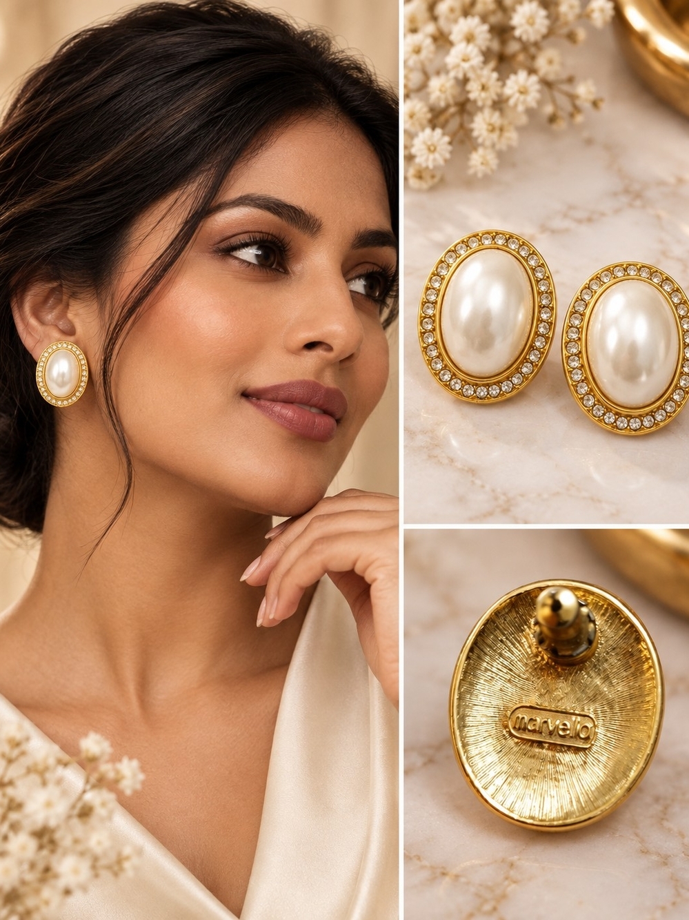 Gold Pearl Oval Stud Earrings